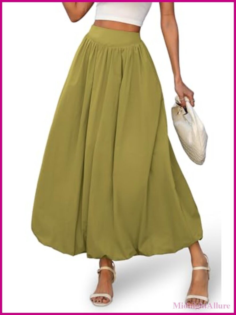 Bubble Maxi Skirt, Elastic Waist Puffy Hem A-Line Skirt with Pockets